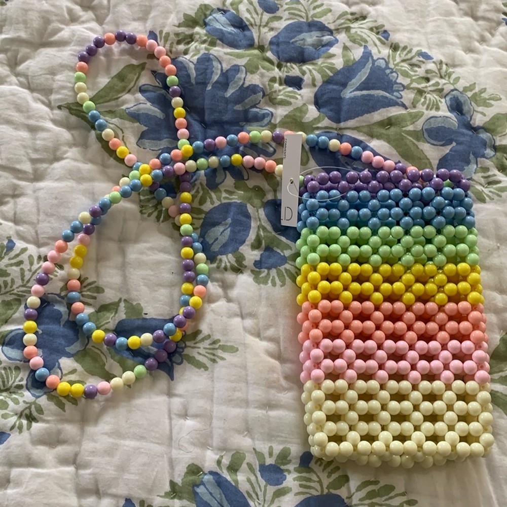 Adorable new, unworn pastel rainbow beaded mini bag with super long beaded strap